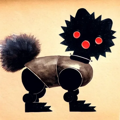 Image similar to a cute black robot pomeranian!!!. ( ( ( alcohol ink on parchment, muted colors, shading!!!, detailed, textured parchment background, 1 9 5 0 s concept art ) ) )