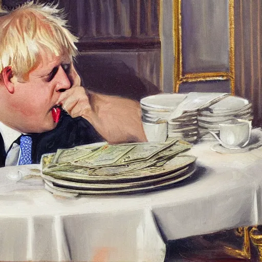 Image similar to painting of boris johnson eating a plate of money pound notes with a knife and fork, ornate feeling, chandelier, royal palace interior