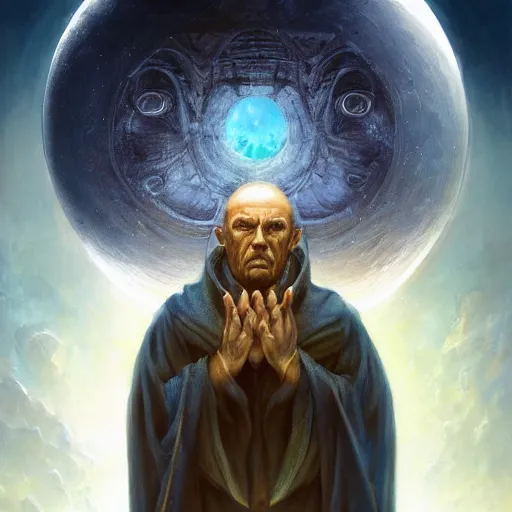 Image similar to the creator of worlds wearing a cloak and holding a holographic planet projection in his hand, detailed, sci - fi, digital painting, artstation, sharp focus, illustration, ominous, artgerm, tomasz alen kopera, peter mohrbacher, donato giancola, joseph christian leyendecker, wlop, frank frazetta