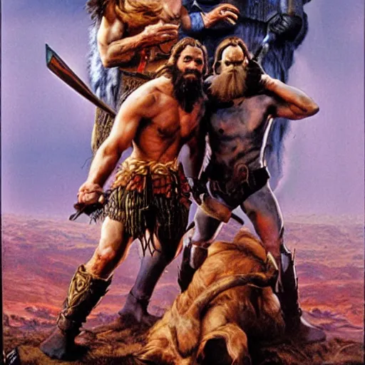 Image similar to two barbarians posing over a defeated monster, detailed poster by Drew Struzan