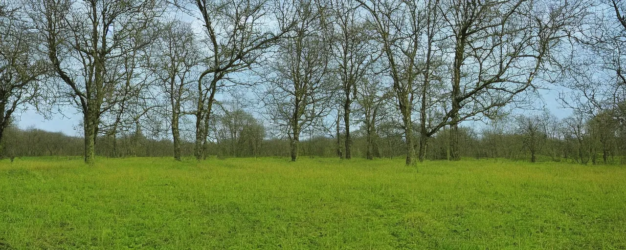 Prompt: at the dam there was a field, with a path running through it, and the sky was a pale blue with no clouds, and the trees stood silent in their verdure