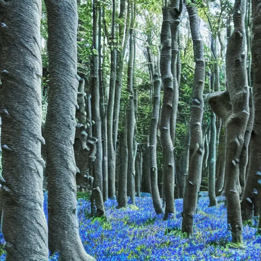 Image similar to a forest of trees made out of stone, blue tentacles