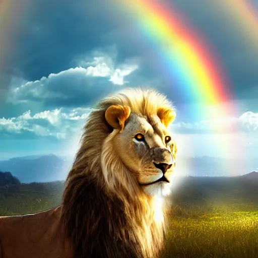 Image similar to coherent 8 k photorealistic close up shot of a albino lion overlooking a heavenly blissful landscape with a large luminous rainbow overarching the landscape behind the lion in the sun showery sky