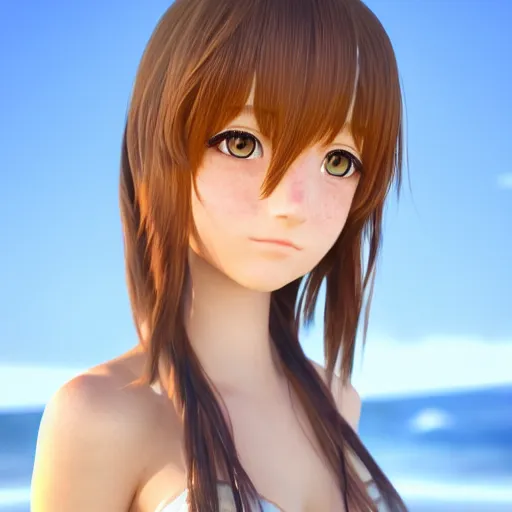 Image similar to Render of a very beautiful 3d anime girl, long hair, hazel eyes, cute freckles, full round face, short smile, cute sundress, golden hour, serene beach setting, medium shot, mid-shot, highly detailed, trending on Artstation, Unreal Engine 4k