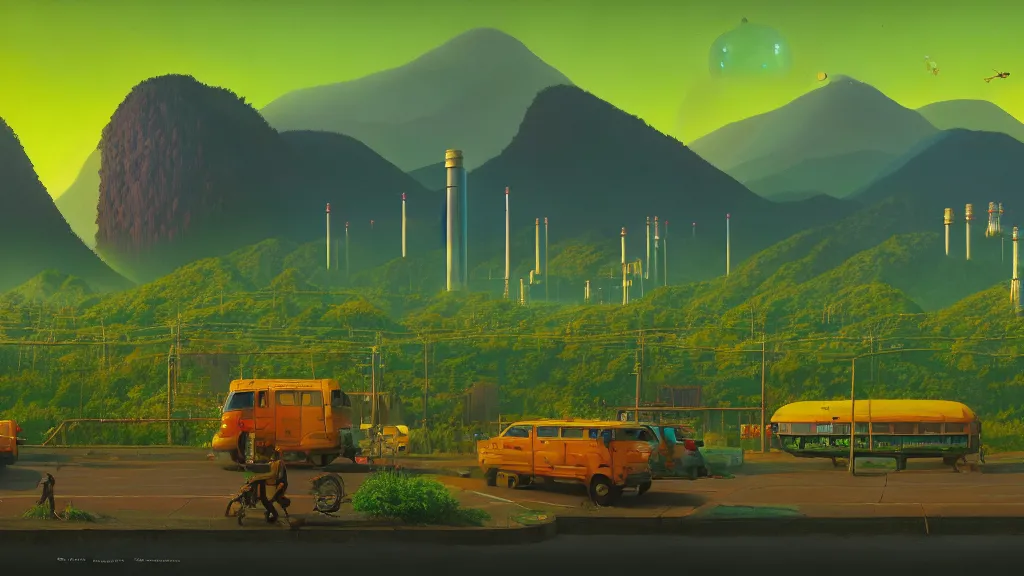 Image similar to Nuclear Nature Solarpunk harmony; the mountains and city are towered over by giant nuclear power plants covered with foliage; by Oswaldo Moncayo; by Simon Stålenhag, oil on canvas; Art Direction by James Cameron; Location: Quito Ecuador 4K, 8K; Ultra-Realistic Depth Shading