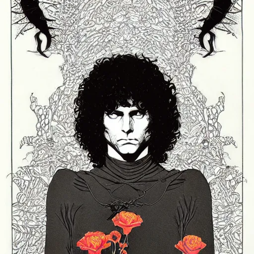 Image similar to symmetrical jim morrison as a vampire lizard king, very detailed style of takato yamamoto lots of flowers