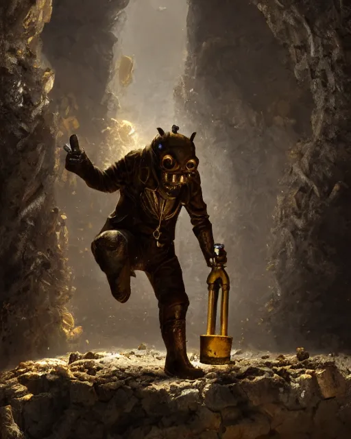 Image similar to oil painting of poor anthropomorphized mole mining gold, full body, sharp focus, fantasy style, dark steampunk mine shaft backround, octane render, volumetric lighting, 8k high definition, by greg rutkowski, highly detailed, trending on art Station