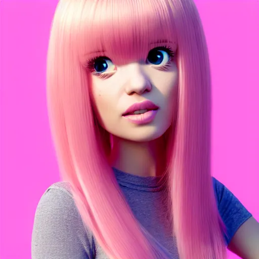 Image similar to A portrait of Nikki from Shining Nikki and Love, a cute 3d cgi toon young woman with long light pink hair, full bangs, hazel eyes, full face, light makeup, pale skin, Chinese heritage, cute outfit, medium shot, mid-shot, hyperdetailed, 8k, trending on artstation, as a Pixar character