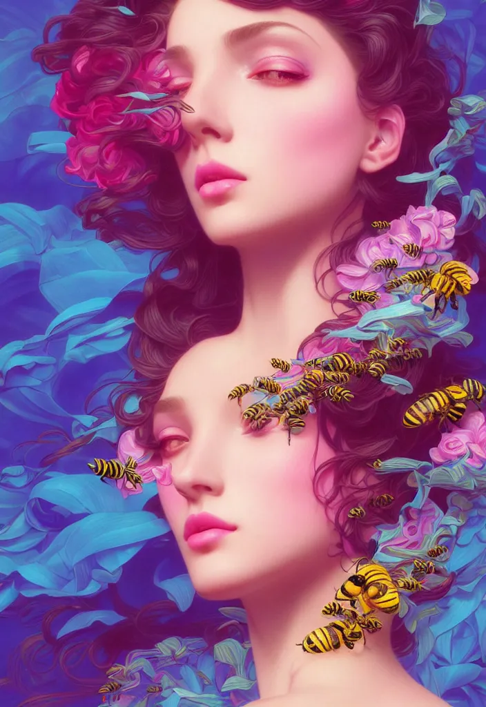 Image similar to young beautiful woman, gorgeous face, vaporwave aesthetic, synthwave, colorful, psychedelic, artstation, flowers, bees, ribbons, concept art, full - body, gown, smooth, extremely sharp detail, finely tuned detail, 8 k, unreal engine 5, ultra sharp focus, illustration, art by artgerm and greg rutkowski and alphonse mucha