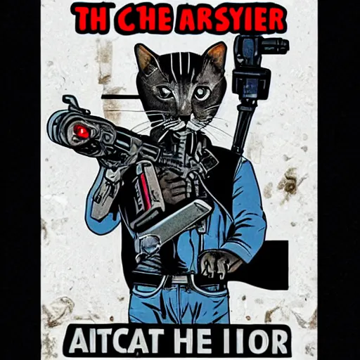 Image similar to Cat as The Terminator (1984), dramatic