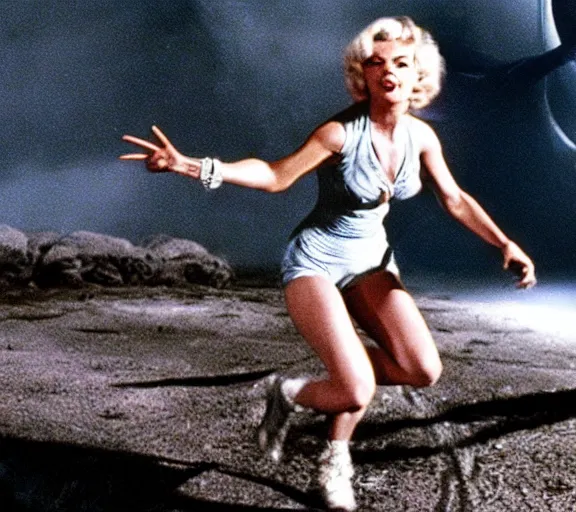 Image similar to a movie still of marlin monroe in the movie alien running from a xenomorph, fear, leg lights, panic