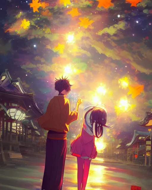 Prompt: beautiful anime painting of a boy and a girl from behind at a shinto shrine looking up at the night sky illuminated by colorful new years fireworks, by WLOP and Slawek Fedorczuk and rossdraws, trending on artstation, concept art