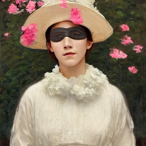 Image similar to blindfolded very thick paint brush strokes paint texture full body fashion model emma watson by Jeremy Lipking by Hasui Kawase by Richard Schmid (((smokey eyes makeup eye shadow fantasy, glow, shimmer as victorian woman in a long white frilly lace dress and a large white hat having tea in a sunroom filled with flowers, roses and lush fern flowers ,intricate, night, highly detailed, dramatic lighting))) , high quality