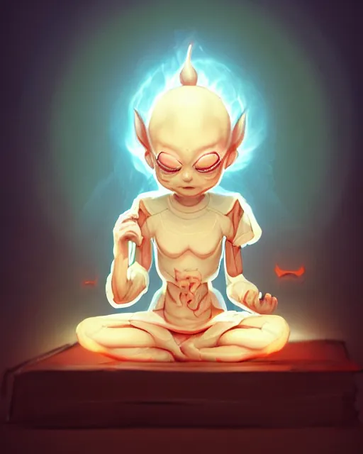 Prompt: a tiny adorable demon meditating, wrapped in sacred parchment with glowing text, smooth, intricate, elegant, digital painting, artstation, power runes, pulsing energy, concept art, sharp focus, octane render, illustration, art by shintaro kago and beeple, overwatch character,