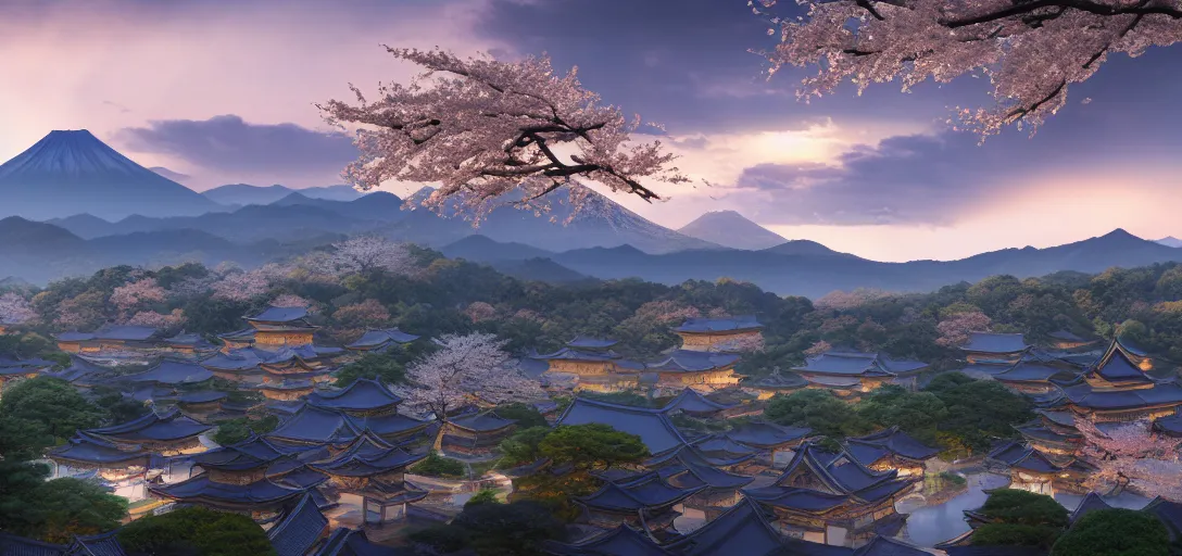 Prompt: very beautiful view of an ancient japanese city at dusk, large temples, cherry blossom trees, mountains in the background, calm clouds, cinematic lighting, ultra detailed, sharp, ambient occlusion, raytracing, by greg rutowski, paul chadeisson and jessica rossier