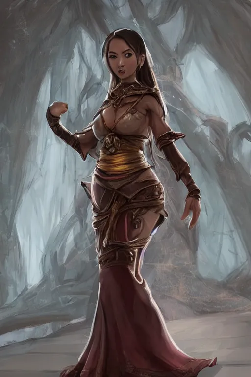 Prompt: a full body portrait of an attractive female monk, D&D, fighting stance, clenched fists, stylish dress, very long flowing dark hair, beautiful bone structure, intricate, elegant, stylish, cute slightly nerdy smile, fantasy, highly detailed, digital painting, artstation, concept art, smooth, sharp focus, illustration, art by artgerm and greg rutkowski and alphonse mucha