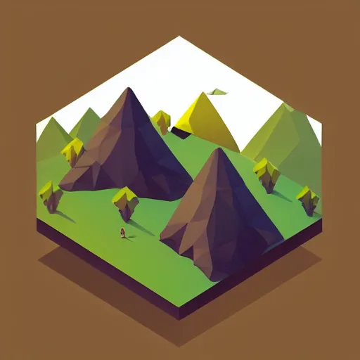 Image similar to isometric vector, low poly, brown cross icon, on the top of a hill, sunset background, cgsociety, volumetric lighting, artstationhq