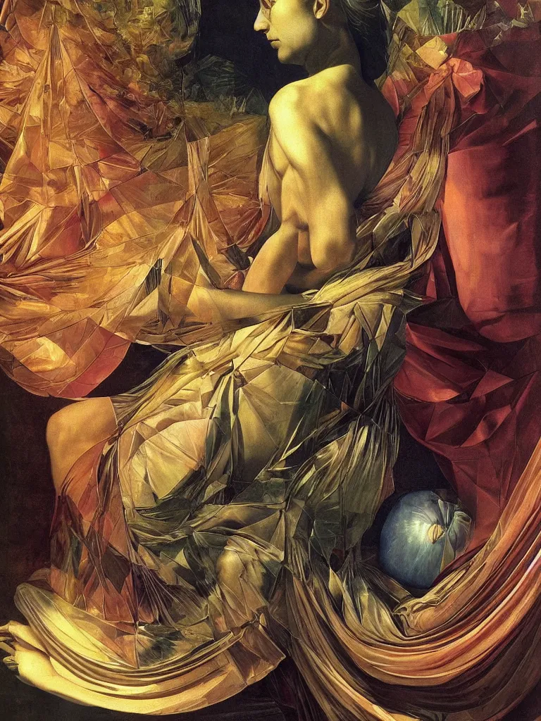 Prompt: hyperrealistic still life painting of an irridescent goddess, dmt entity, powerful woman, draped in fabric meditating and gently smiling, nautilus shell surrounded by prisms in a tesseract, by Caravaggio, botanical print, surrealism, vivid colors, serene, golden ratio,