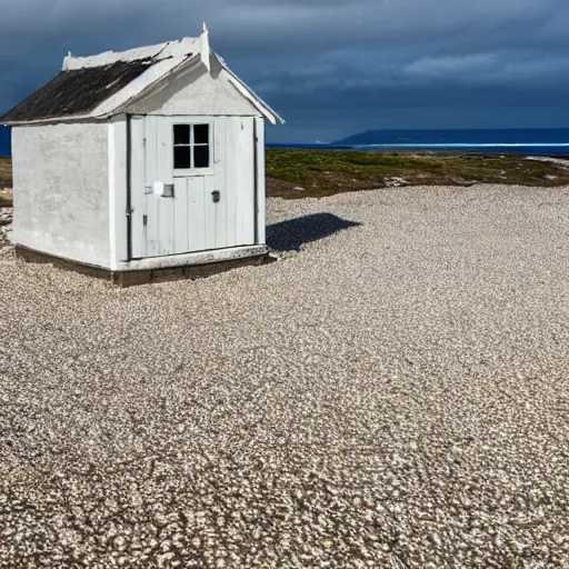 Prompt: a whitewashed cottage on a windswept beach