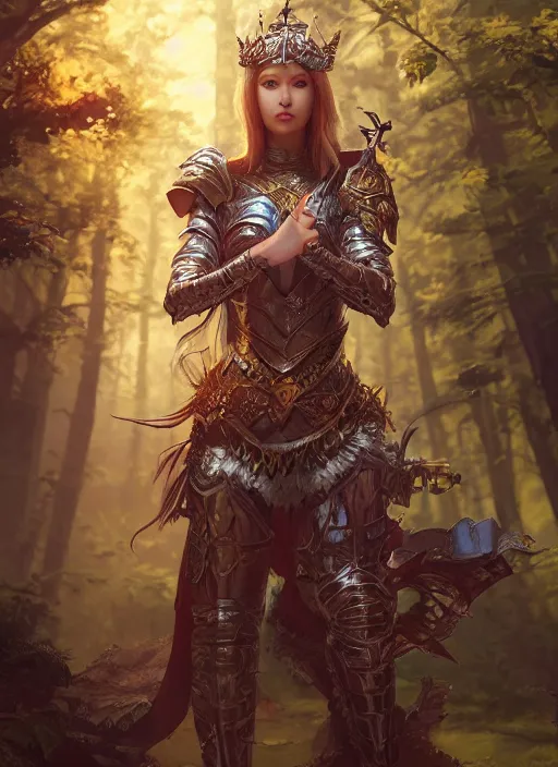 Image similar to Beautiful art portrait of a female fantasy queen in plate armour in a bright temple surrounded by lush forest, atmospheric lighting, intricate detail, cgsociety, hyperrealistic, octane render, RPG portrait, ambient light, dynamic lighting, anime style