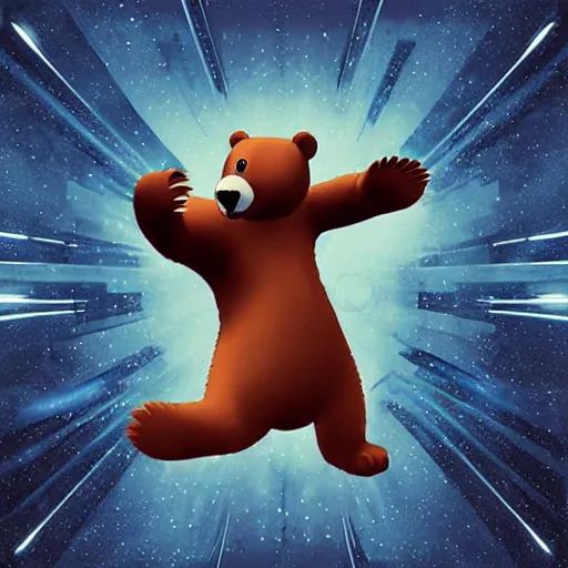 Image similar to a cartoon bear flying through the air, an album cover by Xi Gang, cg society, futuristic, groovy, masterpiece, wavy