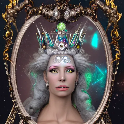 Image similar to realistic rococo style alien witch goddess queen with crystal gems crown sharp focus 8 k