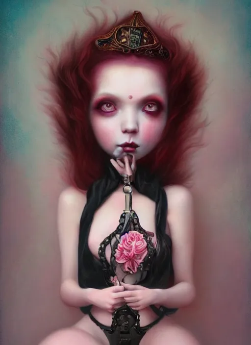 Image similar to pop surrealism, lowbrow art, realistic seductive cute woman painting, pink body harness, hyper realism, muted colours, rococo, natalie shau, loreta lux, tom bagshaw, mark ryden, trevor brown style,