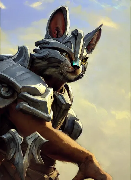 Image similar to Greg Manchess painting of a Cat Charr from Guild Wars 2 wearing Forerunner Armor from Halo, countryside, calm, fantasy character portrait, dynamic pose, above view, sunny day, artwork by Jeremy Lipkin and Giuseppe Dangelico Pino and Michael Garmash and Rob Rey, very coherent asymmetrical artwork, sharp edges, perfect face, simple form, 100mm