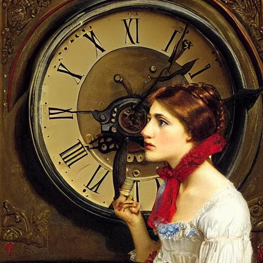 Image similar to young victorian lady curiously examining a mechanical clock, painted by alfred stevens