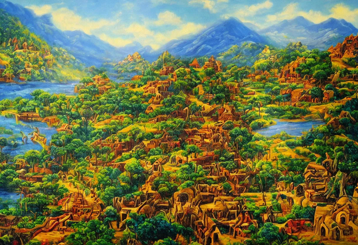 Prompt: aztec village between mountains, jungle, lakes and fields, colorful oil painting