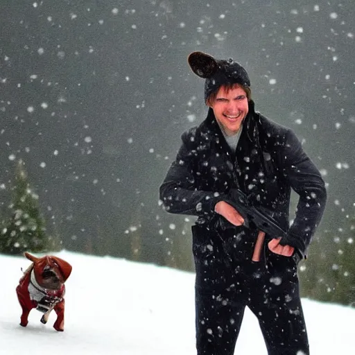 Prompt: tom cruise in costume with a christmas hat and a small dog and a kalachnikov. wood cabin and a lake in the background. it's snowing.