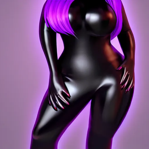 Prompt: curvy feminine hot goth cutie in a sublime elegant polished black latex neck-high outfit with purple trim, thin waist, cgsociety, photorealistic, comfy ambience, idealistic, 16k, smooth, sharp focus, trending on ArtStation, volumetric lighting, fully clothed, worksafe