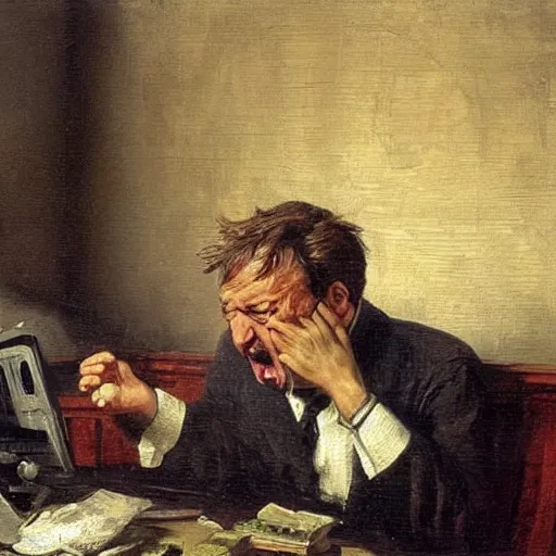 Prompt: an angry man yells at his computer monitor, oil on canvas, 1 8 8 3, highly detailed