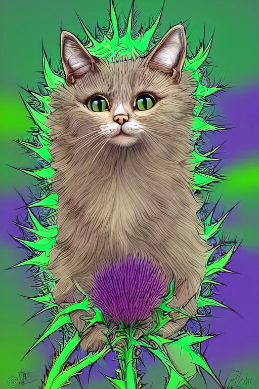 Image similar to a cat thistle hybrid, highly detailed, digital art, sharp focus, trending on art station, plant, anime art style