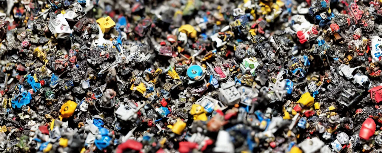 Image similar to a close up of a piece of plastiglomerate made from warhammer figures and vapes, photographic, highly detailed