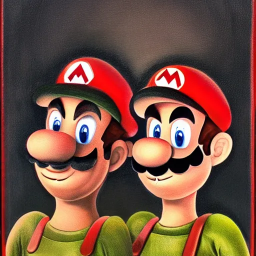 Image similar to a portrait of mario and luigi of super mario brothers, by h. r. giger