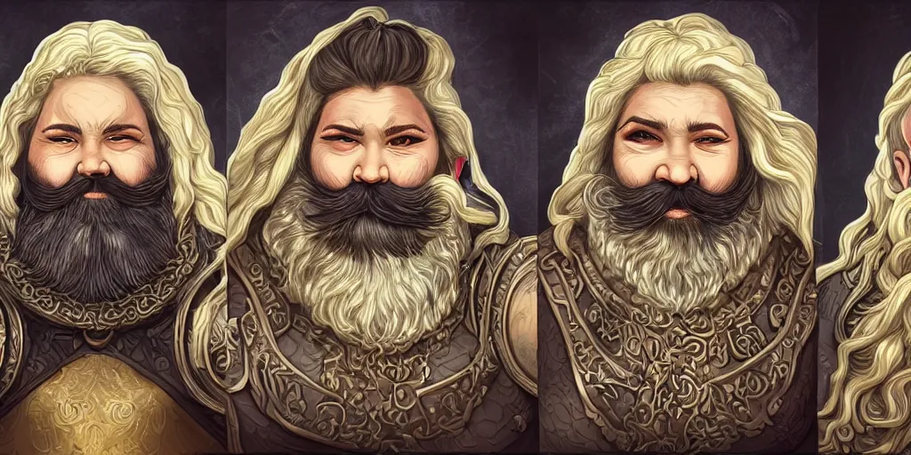 Prompt: triptych of elderly female feminine bearded dwarven heavyset fighter with curly long grey hairstyle, her full beard is long and plaited style, she has wrinkled skin and is wearing full black platemail armor with intricate slight gold trim by rossdraws, triptych format