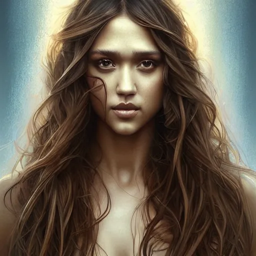 Image similar to beautiful striking Pre-Raphaelite Jessica Alba by Artgerm and Greg Rutkowski, flowing hair, intricate, elegant, highly detailed, digital painting