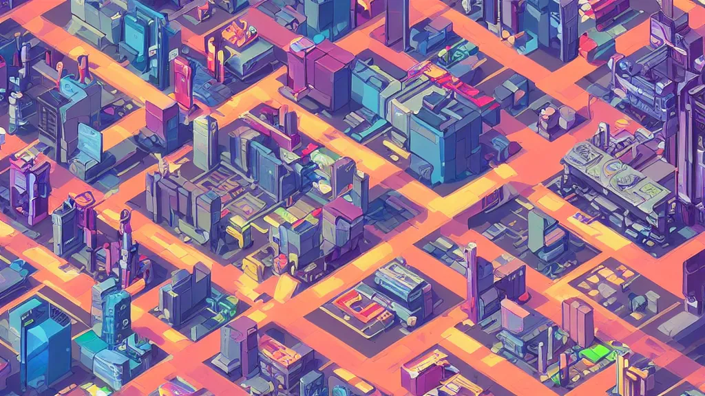 Image similar to isometric view of cyberpunk city Digital art, concept art, detailed, lovely colors, Art station , 2D , 4K,