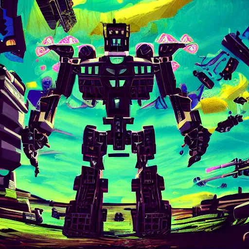 Prompt: trippy landscape and giant robots with lots of guns