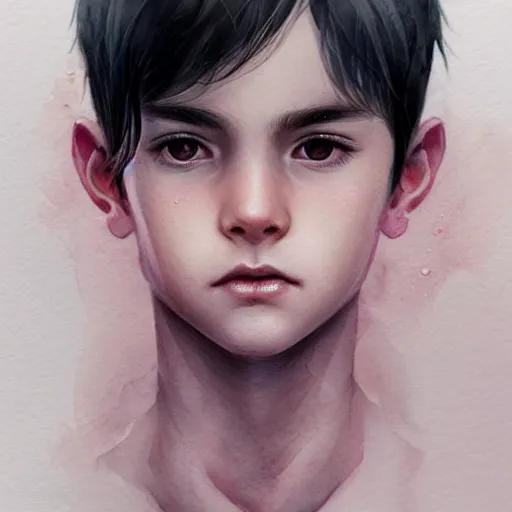 Prompt: young boy, black hair, serious eyes, pink eyes, gorgeous, amazing, delicate, elegant, intricate, highly detailed, watercolor, portrait, artstation, concept art, sharp focus, illustration, art by charlie bowater and Ross tran