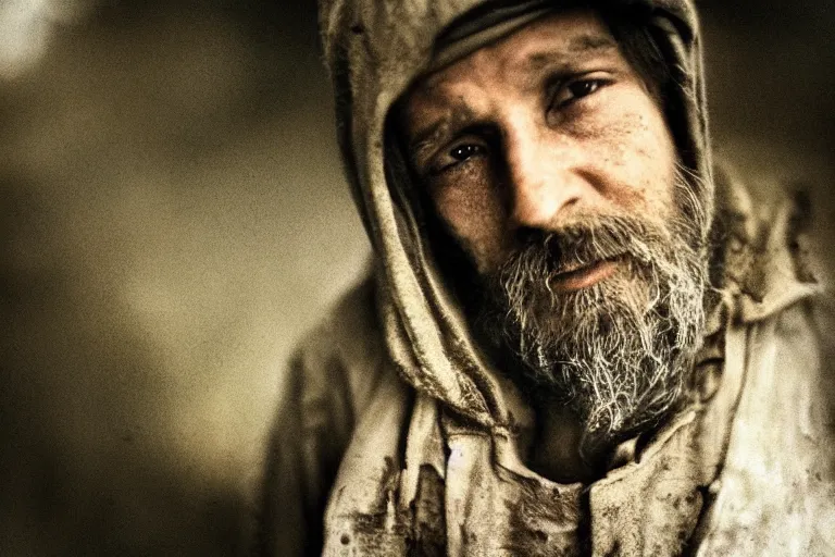 Prompt: a closeup cinematic!! headshot photograph!! of a beautiful homeless war veteran, stood in a tunnel, rain, dirt, film still, cinematic lighting, by bill henson