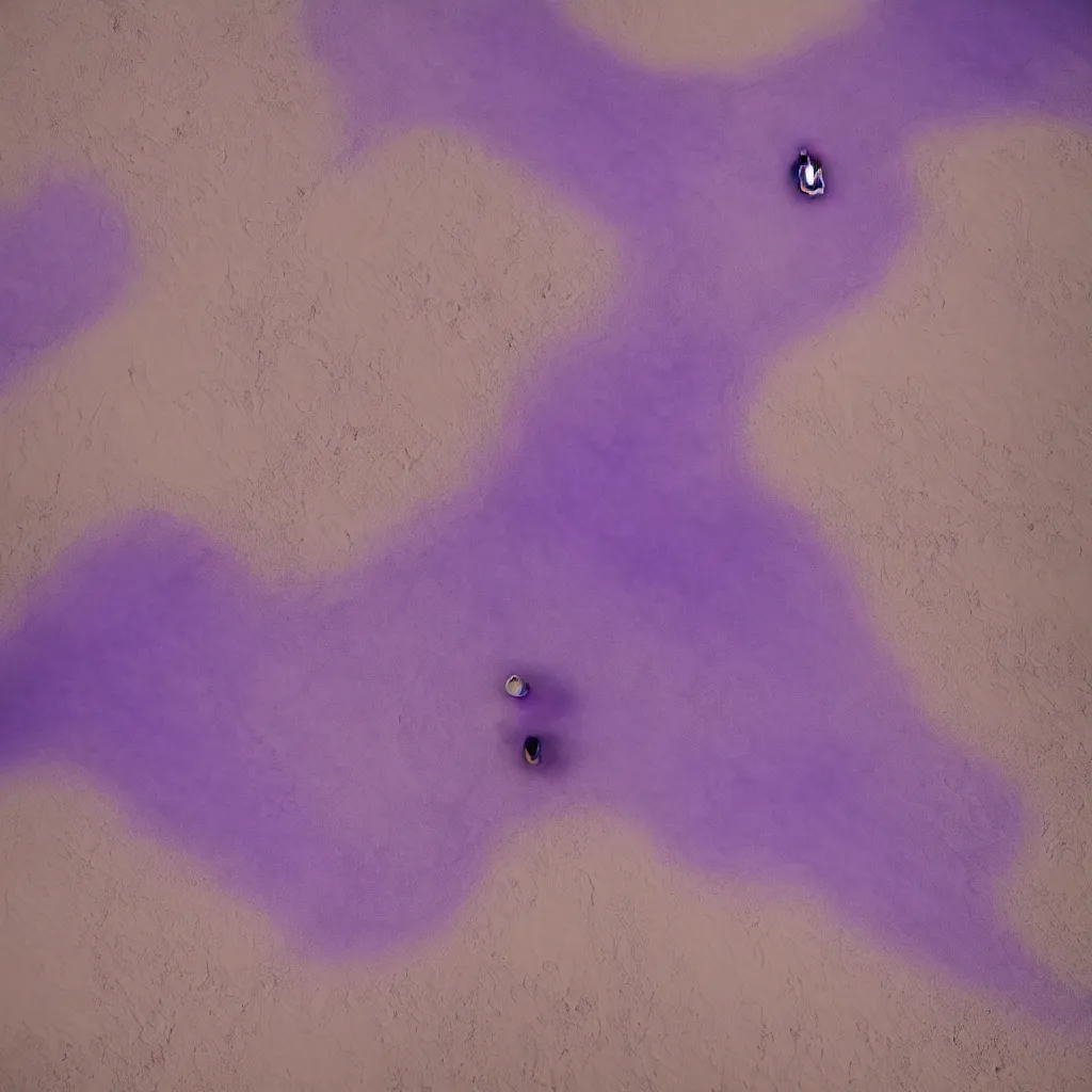 Image similar to drone view of iridiscent oil spill in desert dunes of sand tempest with women corpses connected by cables and computers to wax forms to a buried baby relaxing on yoga mat, faded, purple gradient, dust, purple fog, depth of field, by werner herzog, hans bellmer and nadav kander, 8 k, sad atmosphere, cinematic