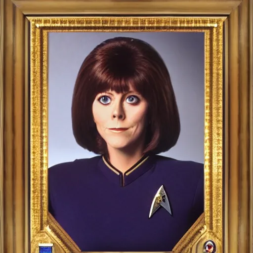 Prompt: a full body photograph of younger elisabeth sladen as a star fleet science officer from star trek next generation, full dress uniform, symmetrical face, extreme realism and detail, 8 k, completely framed, direct lighting, 3 5 mm photo, photorealistic, sharp focus