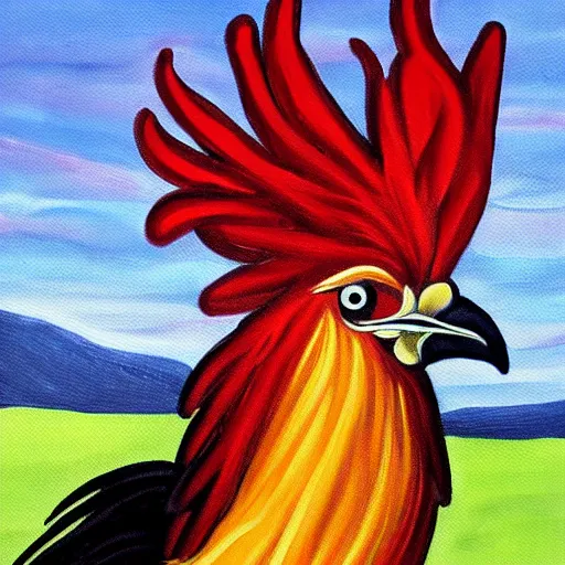 Image similar to painting of a rooster with human ears ear