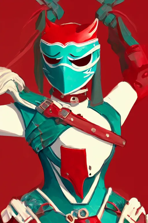 Image similar to female adventurer in tight full - body teal leather armor of japanese design with red accents and a white porcelain crow mask, trending in artstation, japanese, artstation, big moon in the background, establishing shot