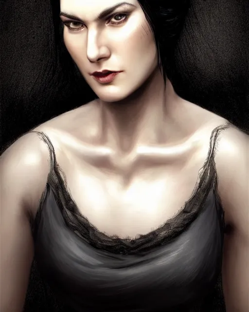 Image similar to portrait of a tall 4 0 - year - old woman with thin lips, long, lush black hair gathered on the head bun, and thick eyebrows, haughty facial expression, wearing in black clothes, aristocratic appearance, hyper realistic face, beautiful eyes, character art, art by mark brooks, hyperdetailed, cryengine, trending on artstation, digital art