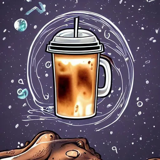 Prompt: an ice cold coffee from a small coffee shop in space, stunning digital art
