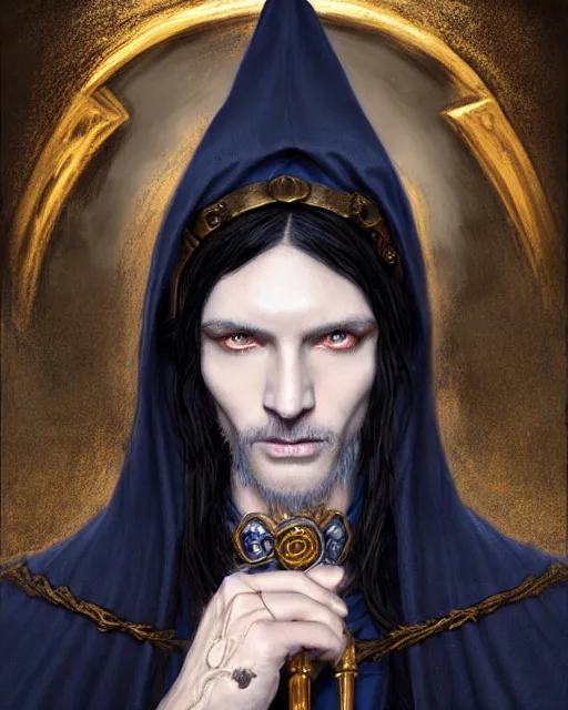 Image similar to cursed male mage at the end of time, long black hair blue eyes wearing cloth mantle gothic navy cloak with gold details, wizard town, fantasy character portrait, ultra realistic, intricate, elegant, cinematic lighting, highly detailed, digital painting, artstation, smooth, sharp, focus, illustration, art by artgerm and greg rutkowski and alphonse mucha