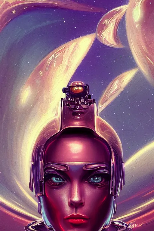 Prompt: retro-futuristic portrait of a beautiful female android in old scratchy chrome armour, ornate background, rim light, ornate pattern, glowing eyes, evil expression, high details, intricate details, renaissance painting by vincent di fate, artgerm julie bell beeple, 80s, Smooth gradients, High contrast, depth of field, very coherent symmetrical artwork